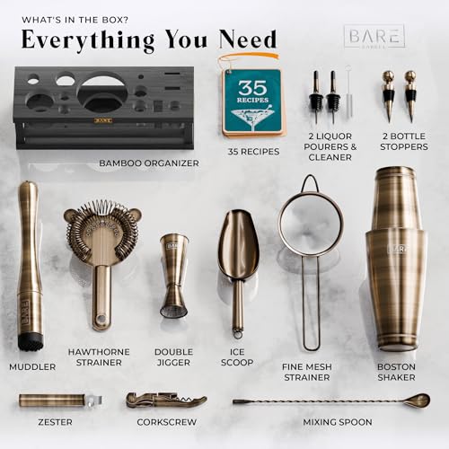 Bare Barrel Brass/Black 28oz Boston Cocktail Shaker Set | Mixology Bartender Kit with 35 Recipe Cards