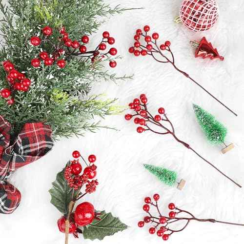 DIYASY Artificial Red Berry Stems,20 Pcs Christmas Tree Picks and Spray for Xmas Ornaments DIY Wreath Holiday Home Decoration
