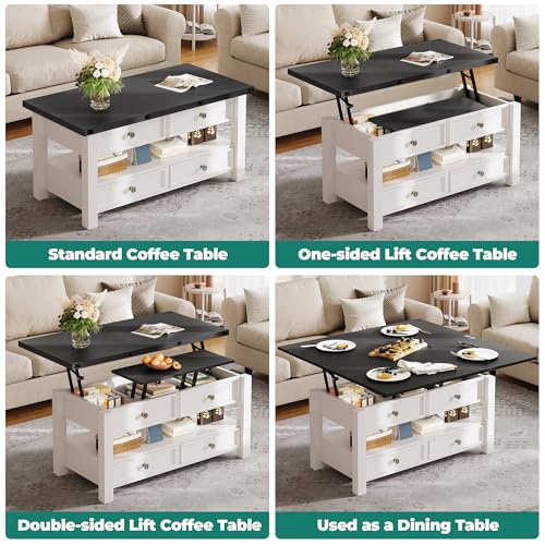 YITAHOME 4-in-1 Lift Top Convertible Coffee Table with Drawers, Black Top