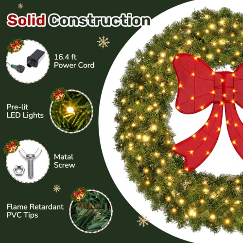 Sweetcrispy 36in Artificial Pre-Lit Fir Christmas Wreath with Green Spruce & Red Bow - 31V Plug-In
