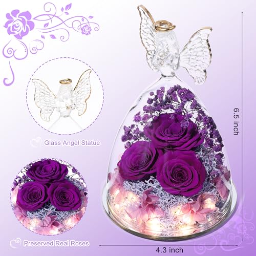 Tiaronics Purple Preserved Rose Gift in Glass Angel Figurine for Women, Mother's Day