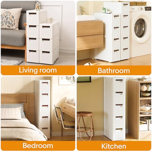 4-Drawer Slim Bathroom Storage Cabinet - Narrow Rolling Cart Organizer, White, 7.5x16.5x28.9 inches