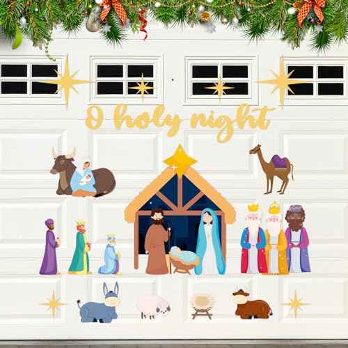 Zhanmai 19 Pcs Christmas Garage Door Decorations Nativity Scene Garage Door Magnets Holy Night Nativity Scene Magnet Set Nativity Refrigerator Magnets Stickers for Xmas Fridge Car Garage Decoration