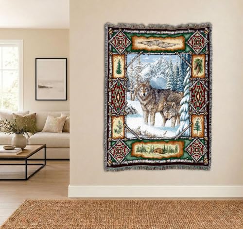 72x54 Wolf Lodge Blanket - Cotton Woven Tapestry Throw - Made in USA