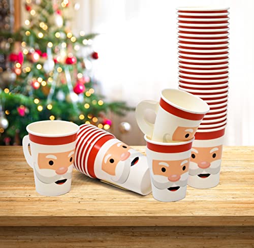 50 Pack Christmas Santa Face Paper Cups 9oz with Handles for Holiday Parties