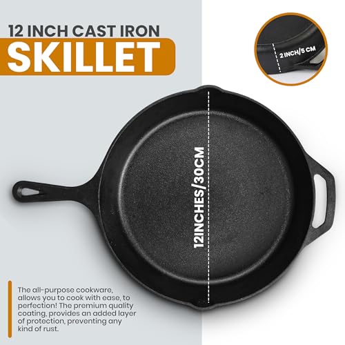 12 Inch Cast Iron Skillet with Lid - Pre-Seasoned Non-Stick Frying Pan - Black