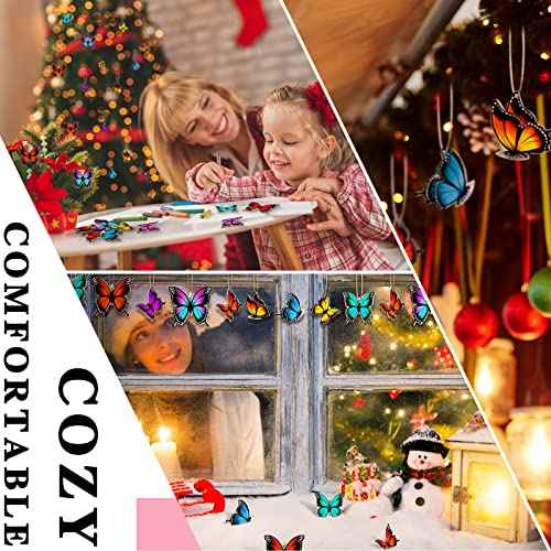 Bucherry 48 Pcs Christmas Butterfly Ornaments Xmas Tree Decor Hanging Wooden Monarch Butterfly with Rope Hanging Ceiling Decoration for Christmas Tree Birthday Wedding Home Wall DIY Art Craft