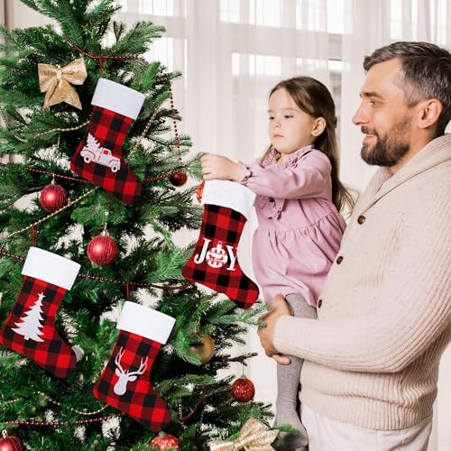 Aodaer 12 Pack Red and Black Buffalo Plaid Christmas Stockings 15 Inch Felt Reindeer Snowflake Pattern Holiday Decor