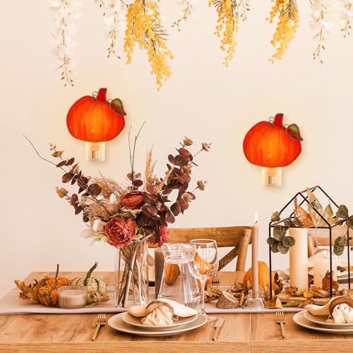 Baquler 2 Pack Stained Glass Pumpkin Night Lights - Plug-in Wall Decor - Thanksgiving Halloween