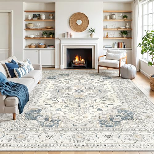 befbee 8x10 Beigeblue Washable Area Rug Stain-Resistant Non-Slip Living Room Carpet