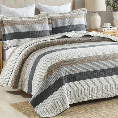 Finlonte Grey/Brown/White Queen Cotton Quilt Set 3 Pieces All-Season Farmhouse Bedding
