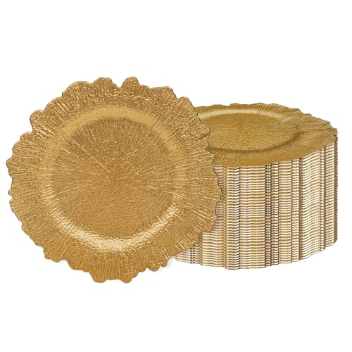 40 Pack Gold Charger Plates - 13'' Reef Design Round Plastic Tableware for Wedding & Party