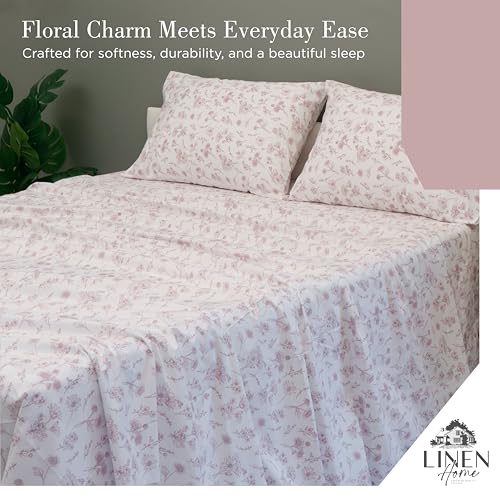 Floral Print Queen Linen Sheets Set - 100% Cotton, Mauve Botanical