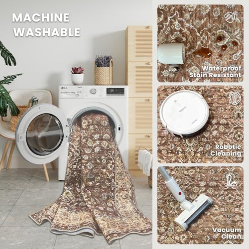 8x10 Reddish Brown Washable Area Rug for Living Room - Vintage Print, Pet-Friendly, Non-Slip