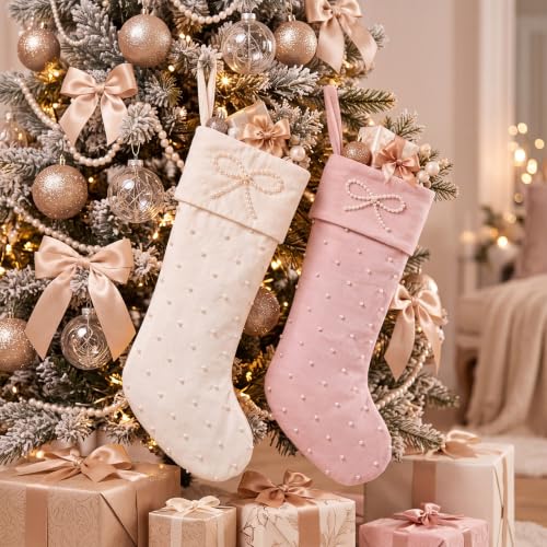 2 Pack 23 Inch Christmas Stockings with Hand-sewn Pearls, Elegant Bow