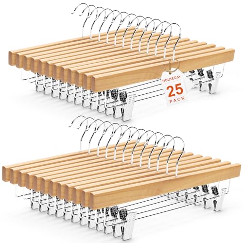 Wooden Pants Hangers with Clips - Natural Finish, Pack of 25 - Strong Clamping Skirt Hangers
