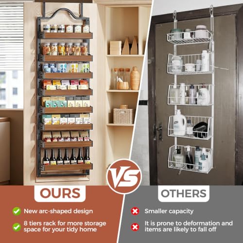 8-Tier Over-the-Door Pantry Organizer with Wooden Baskets - Black, 72.6 x 17.1 inches, Adjustable Shelves