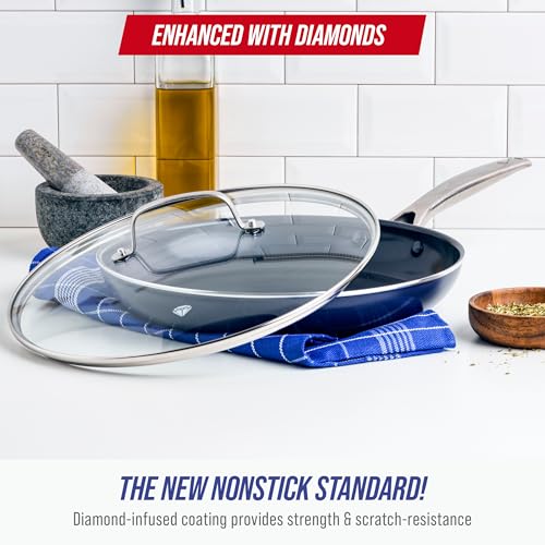 12-Inch Diamond Ceramic Nonstick Frying Pan with Lid - Blue