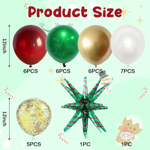 Paeyeq Red Green Gold Christmas Balloons Kit - Festive Holiday Decorations