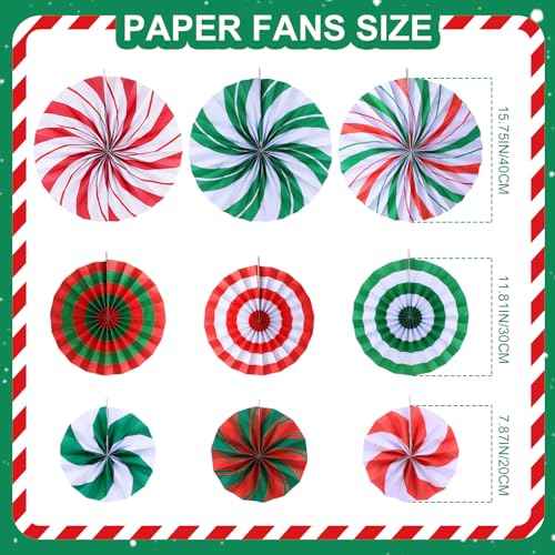 9 Pcs Christmas Candy Hanging Paper Fans Decoration Peppermint Hanging Fans Xmas Candy Cane Party Garland Decor for Merry Christmas Holiday Classroom Ceilings Wall Birthday Party Supplies