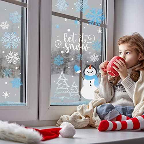 Yovkky Snowflakes Snowman Window Clings 9 Sheets, Let it Snow Quote Stickers Decal Decor for Glass, 2026 New Year Christmas Home Kitchen Winter Holiday Decorations