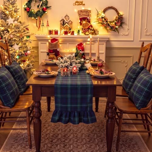 Remagr Blue Green Christmas Tartan Plaid Ruffle Table Runner Set 13x90 Inches, 3 Pieces