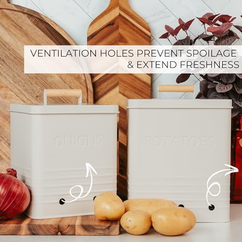 Cream Metal Potato and Onion Storage Container Set - Food Safe Kitchen Bins