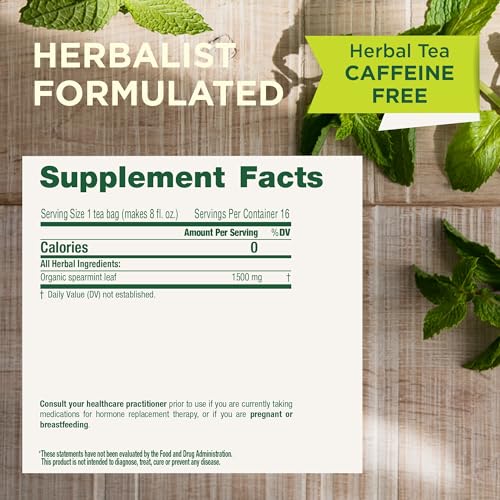 Organic Spearmint Tea Bags - 16 Count Pack of 6, Herbal, Caffeine-Free, USDA Organic, Ethical Sourcing
