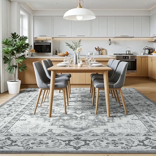 Grey Beige 9x12 Area Rug - Large Machine Washable Vintage Floral Carpet for Living Room