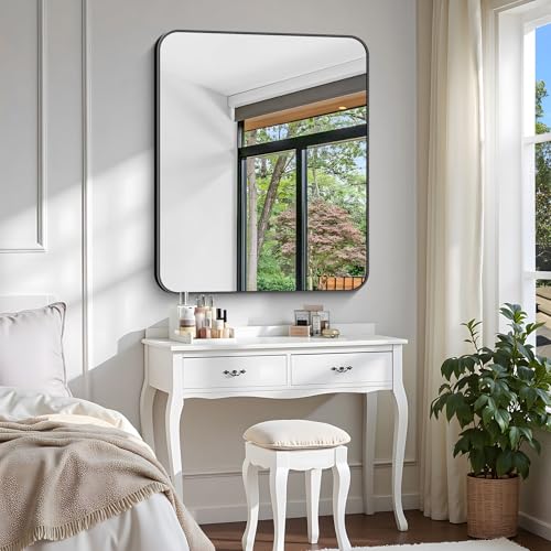 Bathroom Mirror, 36 x 30 inch Metal Framed Black Rectangle Rounded