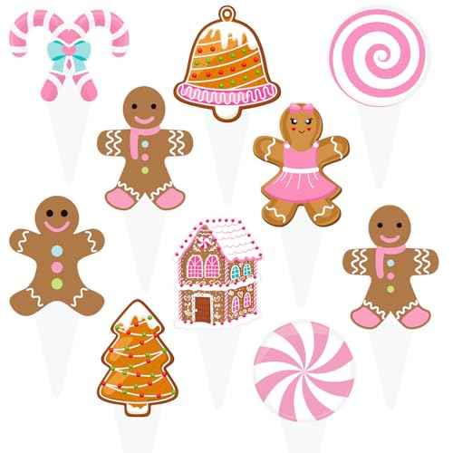 Pink Christmas Gingerbread Cupcake Toppers 48PCS Gingerbread Man Cake Decorations Candy Xmas Tree Cupcake Picks Christmas Party Decorations for Winter Holiday Baby Shower Birthday Supplies