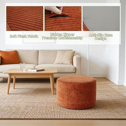 Thgonwid Round Corduroy Ottoman Pouf - Burnt Orange 20x14in Foot Rest Stool