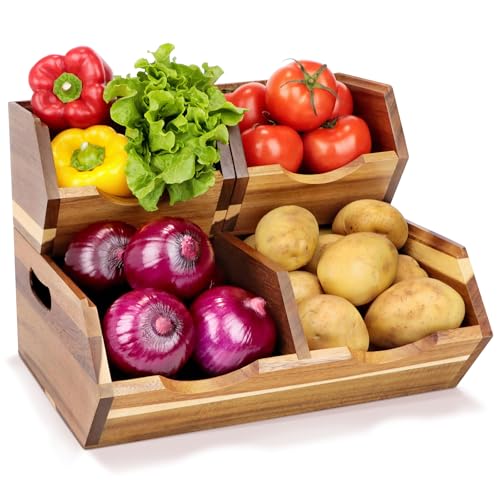 Acacia Wood Pantry Storage Bins Set - Stackable Fruit and Vegetable Organizer