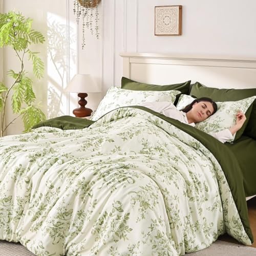 Andency Green Floral Queen Comforter Set 7-Piece Bedding with Sheets & Shams