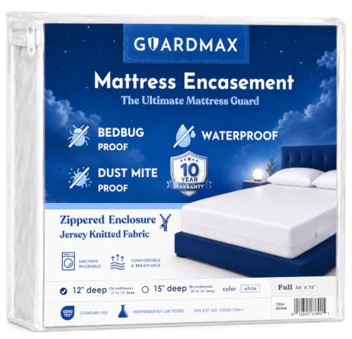 Guardmax Full Mattress Protector Zippered 12" Deep Waterproof Bed Bug Cover - White