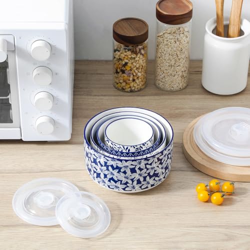 Ceramic Nesting Bowls Set with Lids - 4 Sizes, Food Storage & Prep, Microwave & Dishwasher Safe - Series SELENE 60+36+20+10 Oz