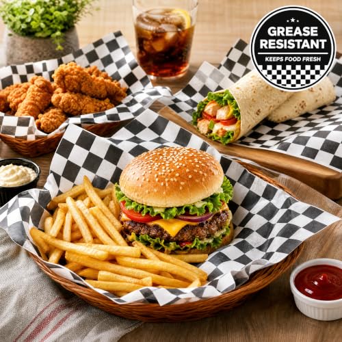 Fasmov Black & White Checkered Sandwich & Deli Basket Liners 12x12 Inches, 1000 Sheets