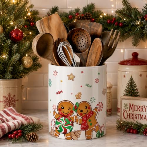 Gingerbread Man Ceramic Utensil Holder - Christmas Farmhouse Kitchen Decor
