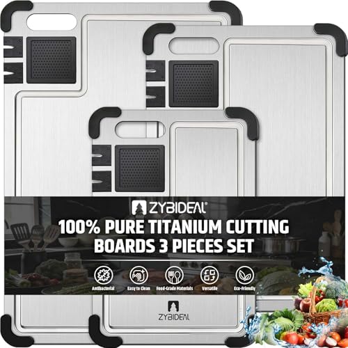 3 Pieces Pure Titanium Cutting Board, Sharpener with Juice Grooves