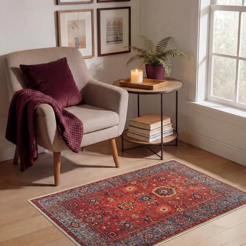 Vintage Washable Entryway Rug 2x3 ft - Non-Slip Low Pile, Red & Turquoise Blue Variation