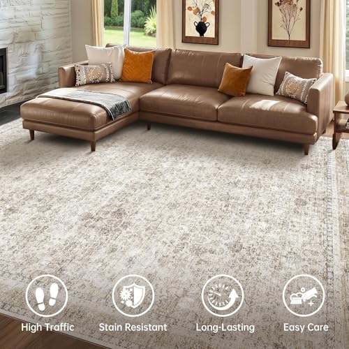 Beige 5x7 Area Rug - Ultra-Soft Washable Vintage-Style Living Room Carpet