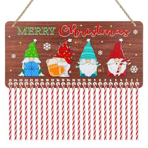WaaHome Christmas Advent Calendar Welcome Sign 2025-7''x14.6'' Gnome Christmas Hanging Decorations Candy Canes Christmas Countdown Calender for Kids Christmas Home Wall Indoor Decor