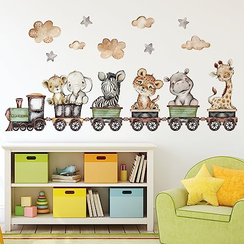 Yovkky Baby Safari Animals Train Wall Decals Stickers, African Jungle Elephant Zebra Giraffe Hippo Lion Leopard Cheetah Neutral Nursery Toddler Decor, Kids Room Home Decorations Bedroom Playroom Art