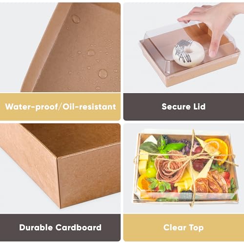50 Pack Charcuterie Board Boxes with Clear Lids - Brown, 7x5in