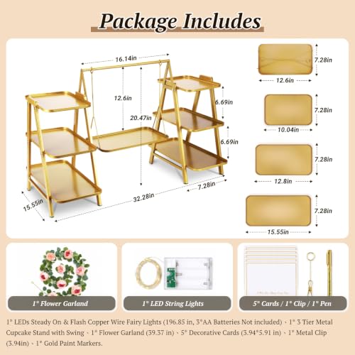 Gold 3-Tier Cupcake Stand with Fairy Lights & Flower Garland for Parties