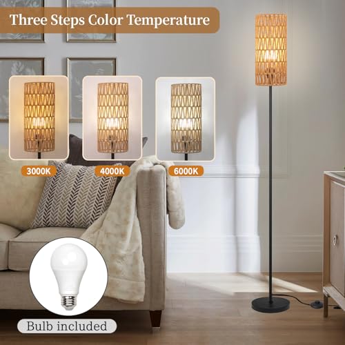 Ruiever Farmhouse Rattan Floor Lamp with 3-Color Bulb and Handcrafted Shade, Tall Black Standing Lamp for Living Room & Bedroom