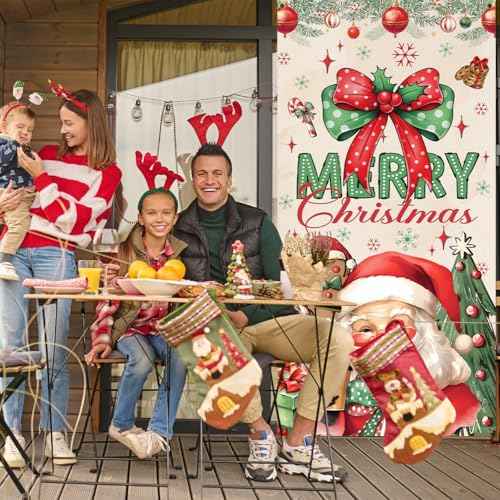 Christmas Door Cover,Santa Claus and Bow Door Cover Red Gingerbread Man Christmas Decorations,Merry Xmas Porch Banner Background,Hanging Banner for Xmas Holiday Eve New Years Party