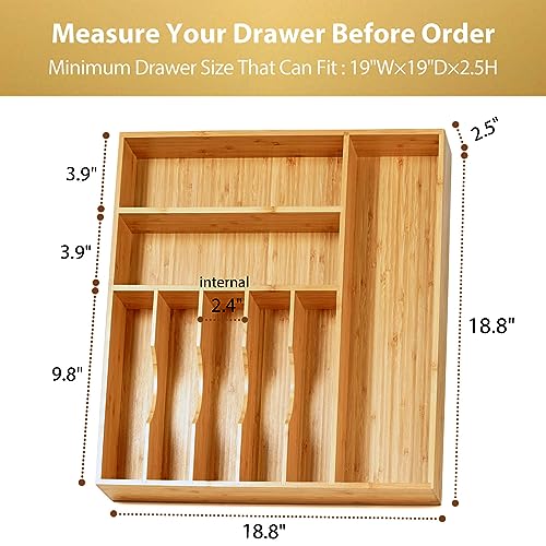 Umilife Large 19x19 Inch Bamboo Kitchen Drawer Organizer - 8 Slots, Sturdy Flatware Tray with Thick Frames