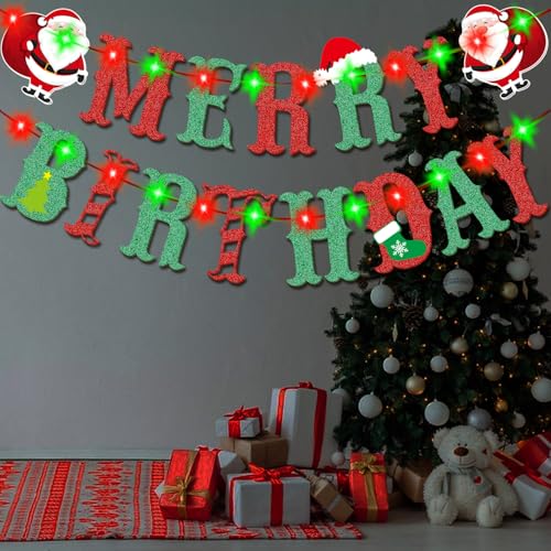 Christmas Birthday Party Banner with Lights - Merry Christmas & Birthday Decorations