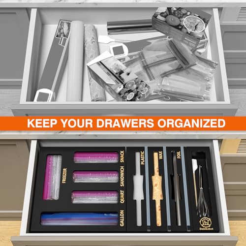 Black 9 Slots Bamboo Drawer Organizer with Wrap Dispenser & Bag Storage